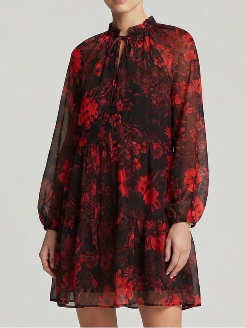 H&M Women’s Size 14 Black Red Floral Chiffon Tiered Dress Long Sleeve